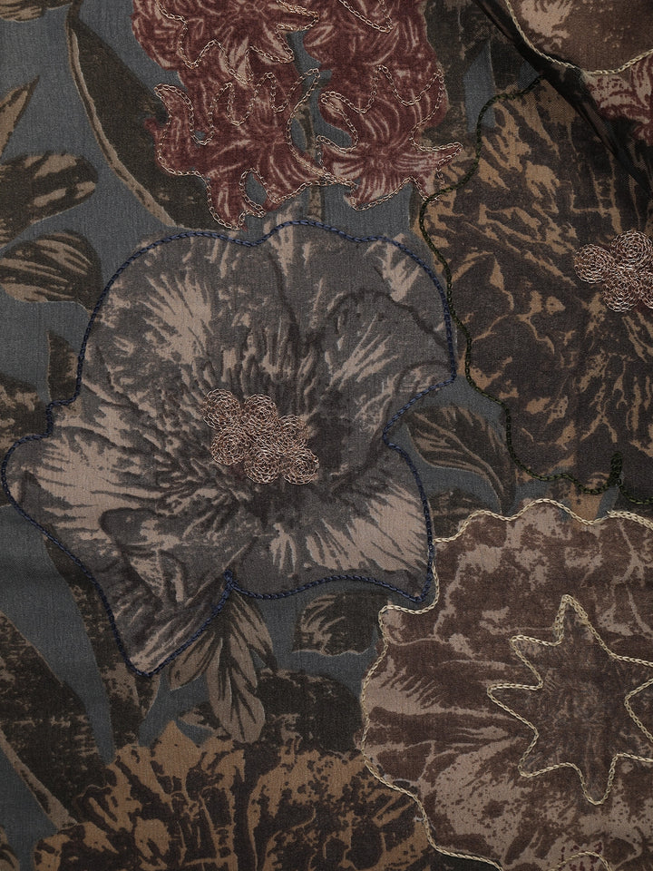 Dark Grey Floral Designed Semi Tussar Saree - Diadem
