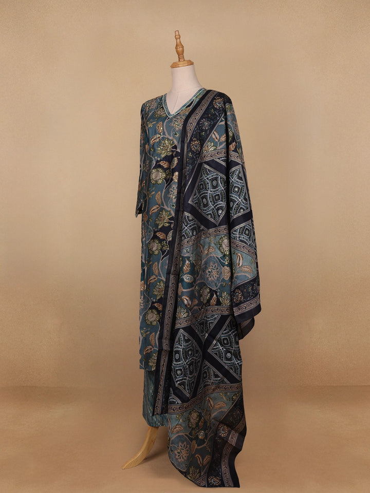Dark Grey Floral Printed Semi Silk Salwar Suit - Diadem