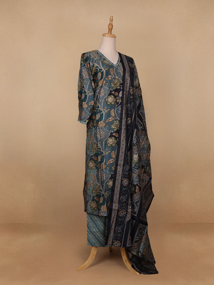 Dark Grey Floral Printed Semi Silk Salwar Suit - Diadem