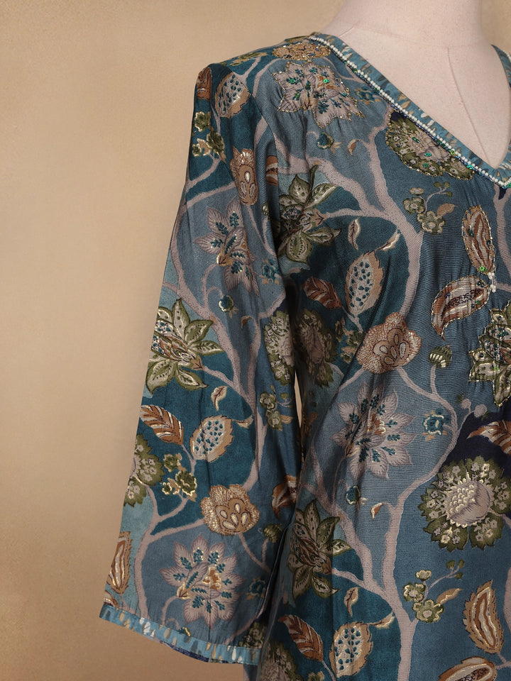 Dark Grey Floral Printed Semi Silk Salwar Suit - Diadem
