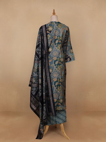 Dark Grey Floral Printed Semi Silk Salwar Suit - Diadem
