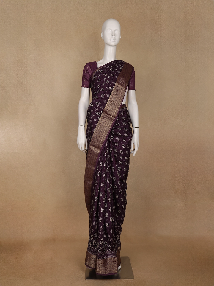 Dark Maroon Floral Printed Cotton Saree - Diadem