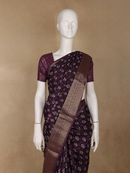 Dark Maroon Floral Printed Cotton Saree - Diadem