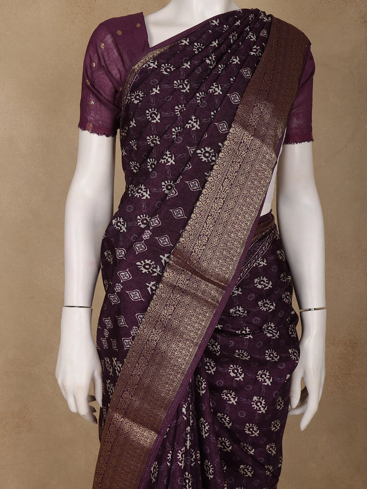Dark Maroon Floral Printed Cotton Saree - Diadem