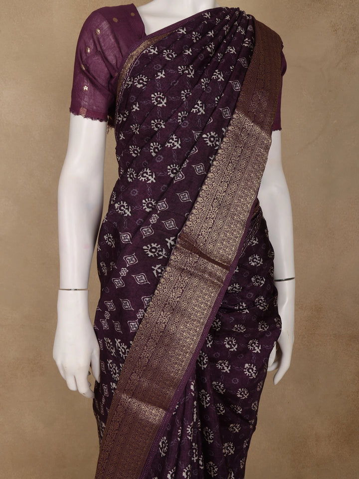 Dark Maroon Floral Printed Cotton Saree - Diadem