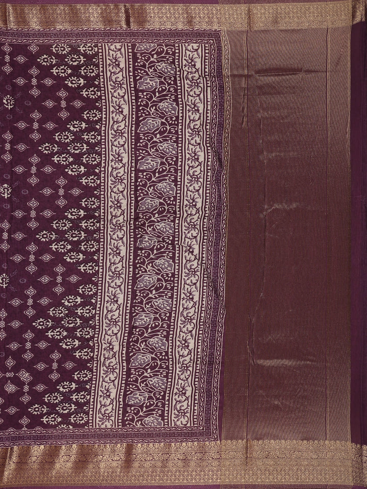 Dark Maroon Floral Printed Cotton Saree - Diadem