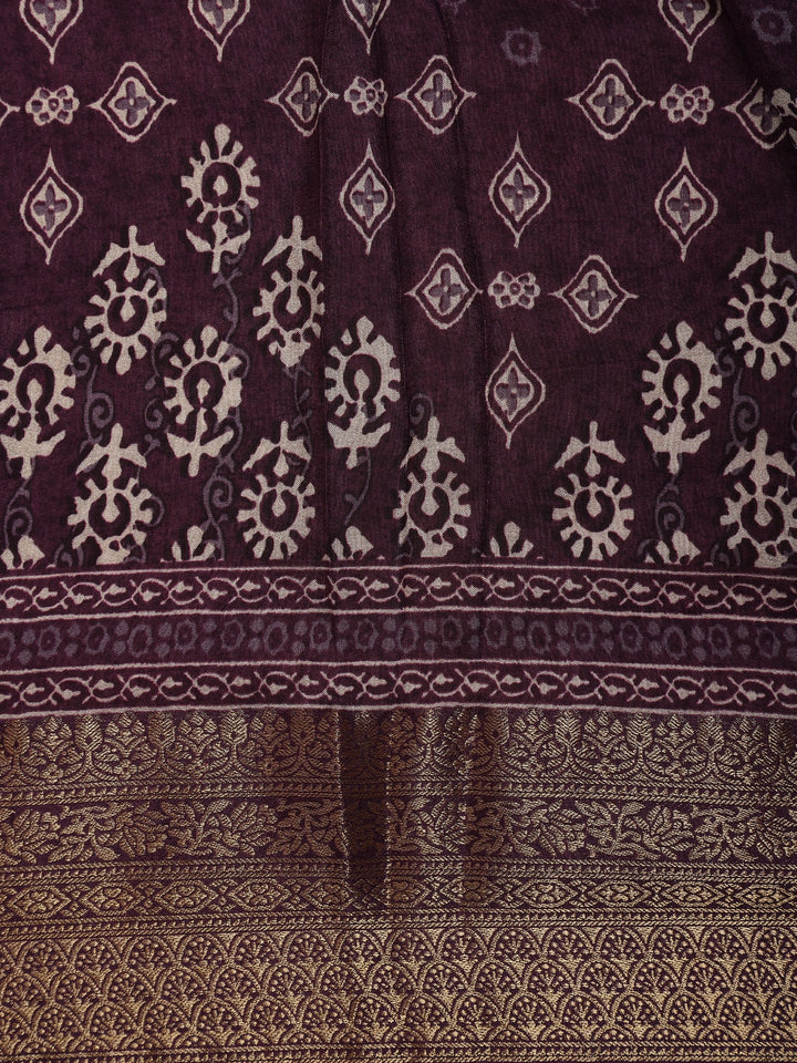 Dark Maroon Floral Printed Cotton Saree - Diadem