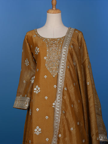 Dark Mustard Floral Designed Semi Silk Salwar Suit - Diadem