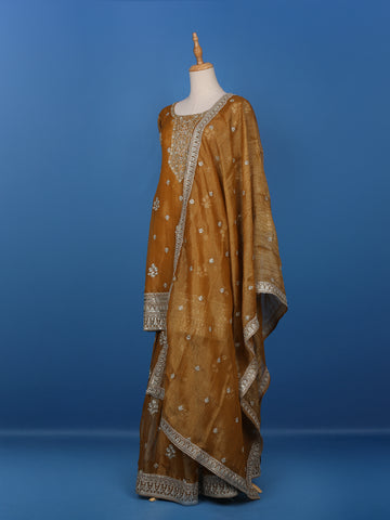 Dark Mustard Floral Designed Semi Silk Salwar Suit - Diadem