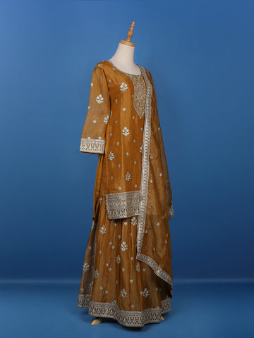 Dark Mustard Floral Designed Semi Silk Salwar Suit - Diadem