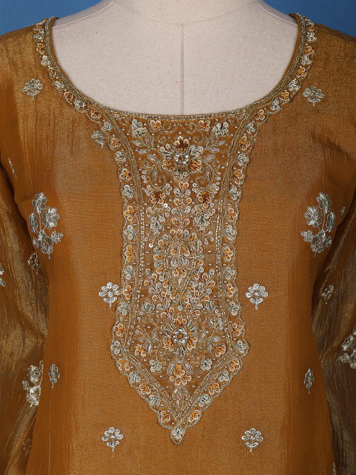 Dark Mustard Floral Designed Semi Silk Salwar Suit - Diadem