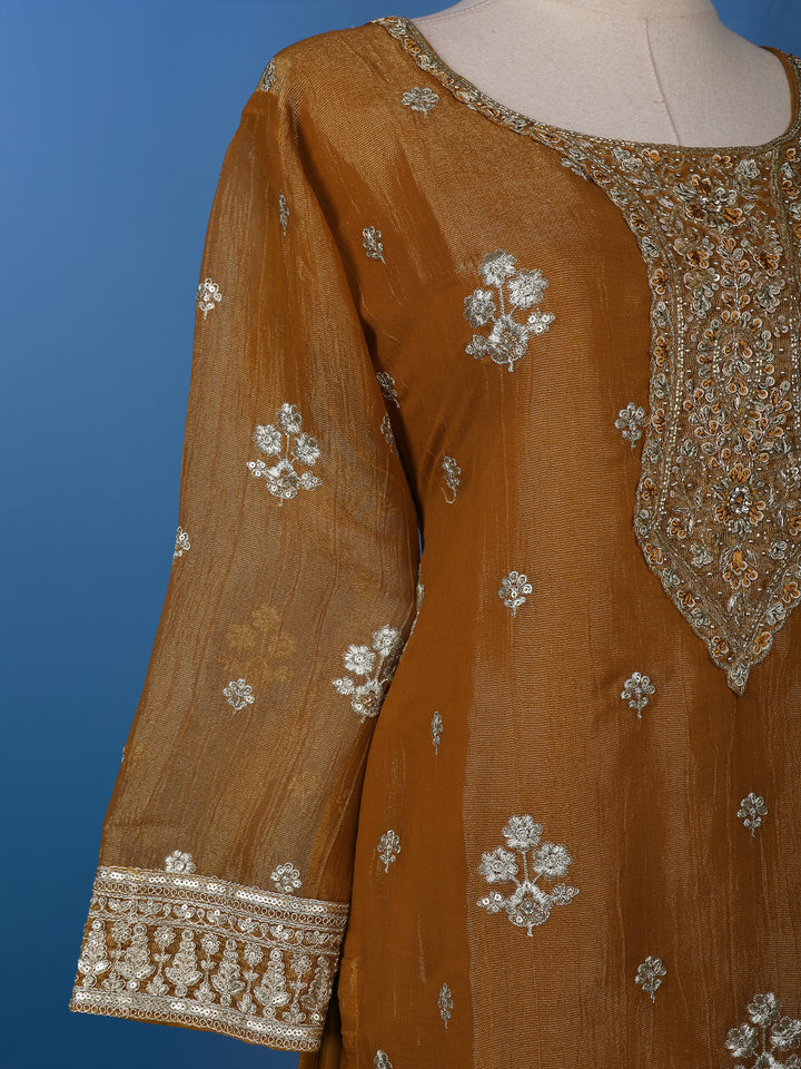 Dark Mustard Floral Designed Semi Silk Salwar Suit - Diadem