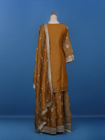 Dark Mustard Floral Designed Semi Silk Salwar Suit - Diadem