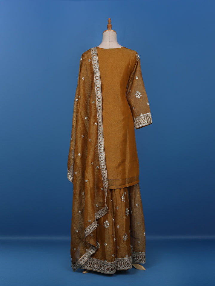 Dark Mustard Floral Designed Semi Silk Salwar Suit - Diadem