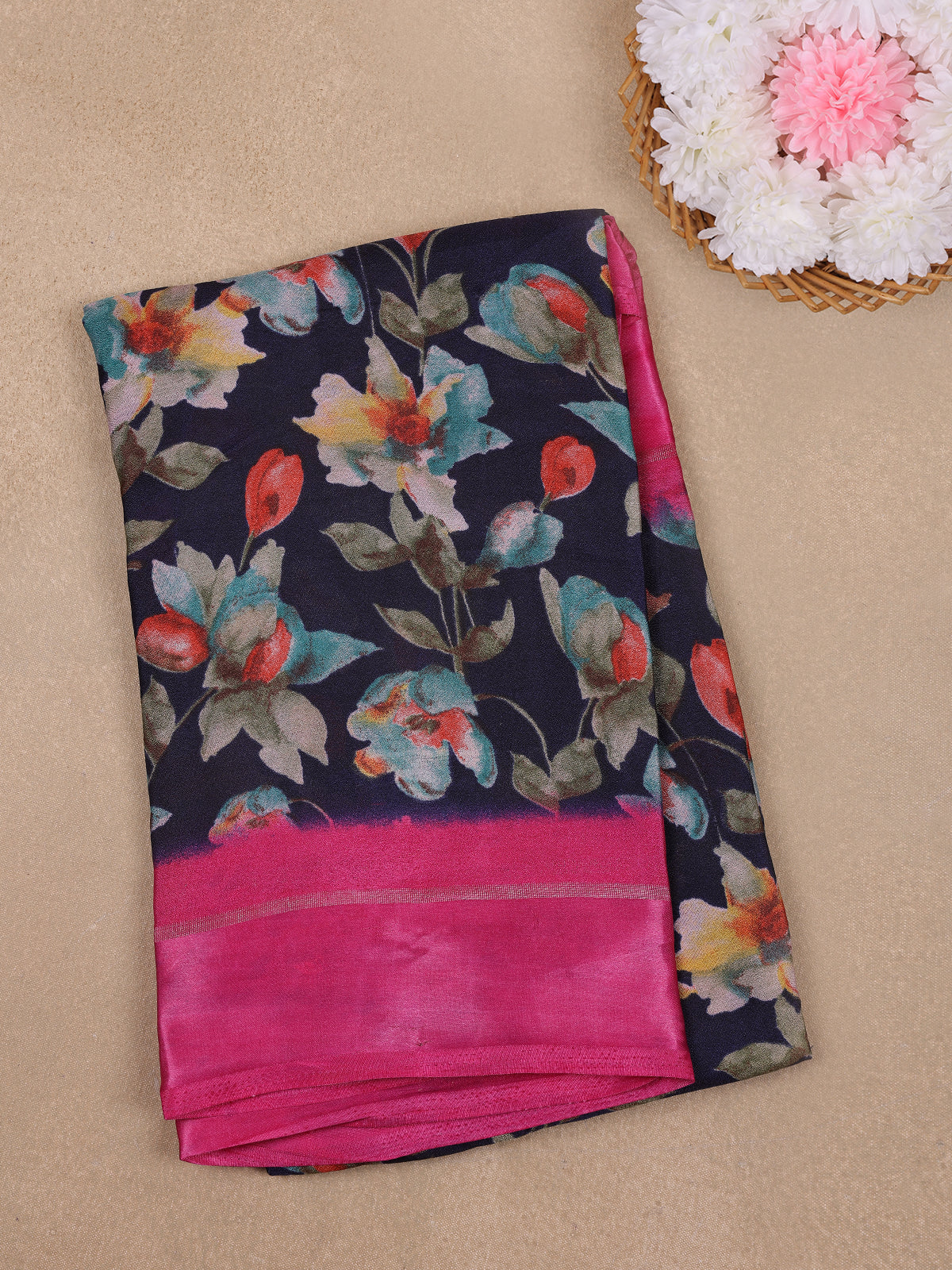 Dark Navy Blue Floral Prints Fancy Georgette Saree - Diadem