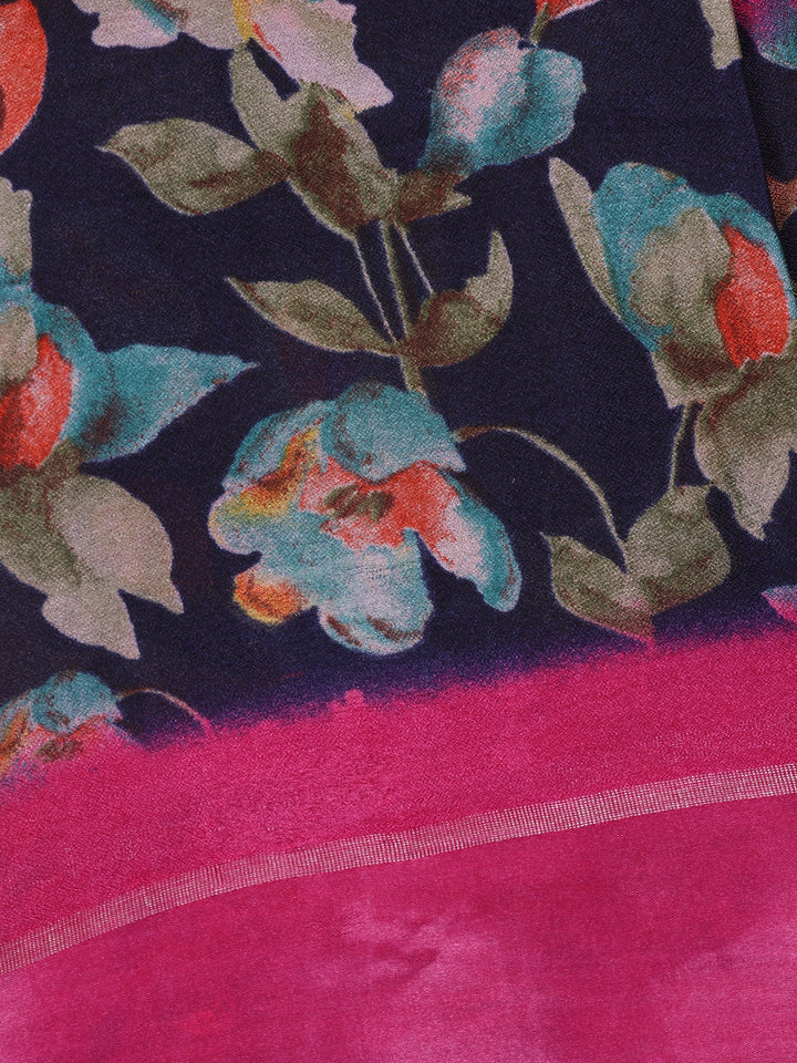 Dark Navy Blue Floral Prints Fancy Georgette Saree - Diadem