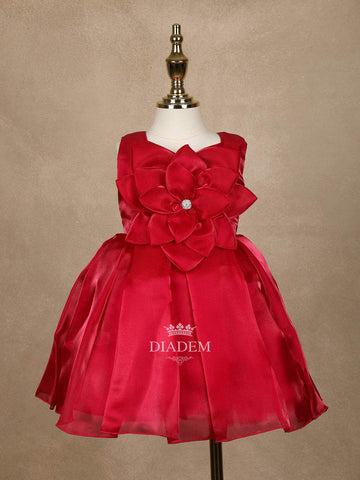 Dark Pink 3D Floral Designed Organza Party Wear Gown for Girls - Diadem