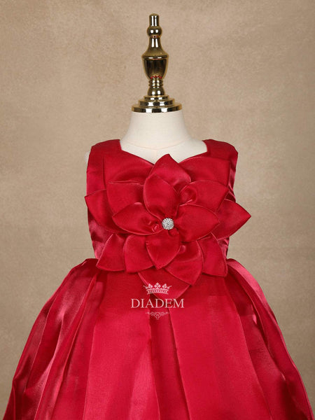 Dark Pink 3D Floral Designed Organza Party Wear Gown for Girls - Diadem