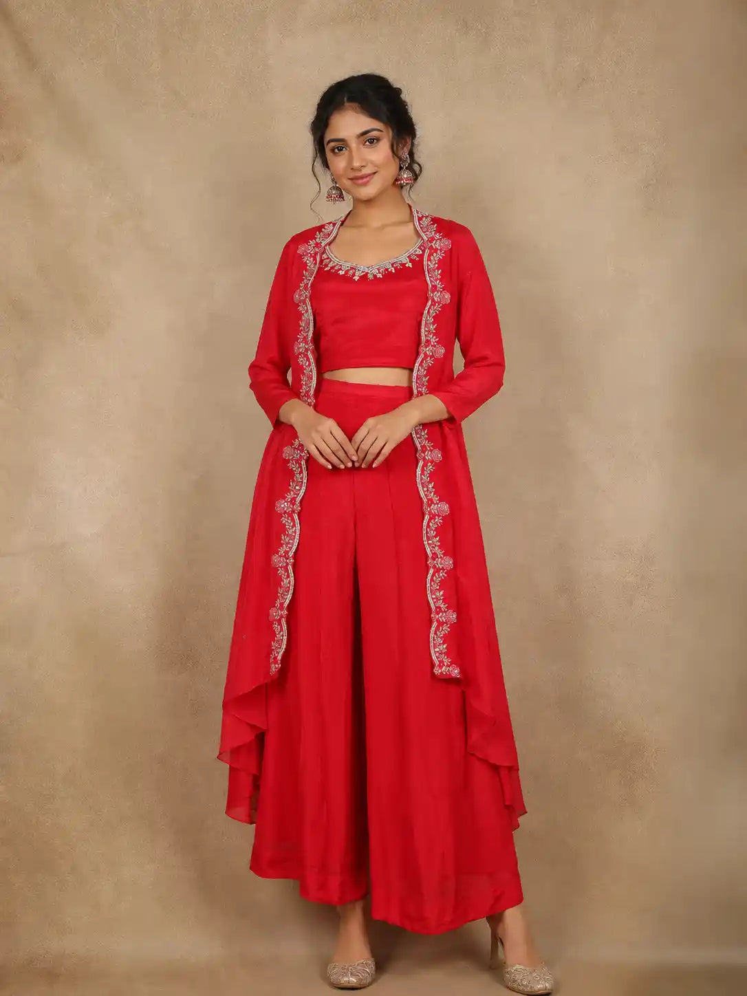 Dark Pink Embroidered Chiffon Crop Top with Palazzo and Jacket Set