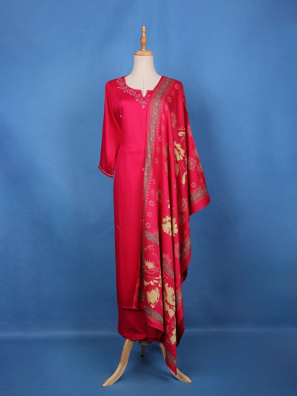 Dark Pink Floral Design Printed Satin Salwar Suit - Diadem