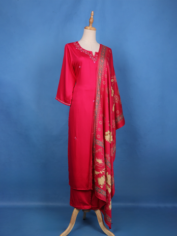 Dark Pink Floral Design Printed Satin Salwar Suit - Diadem