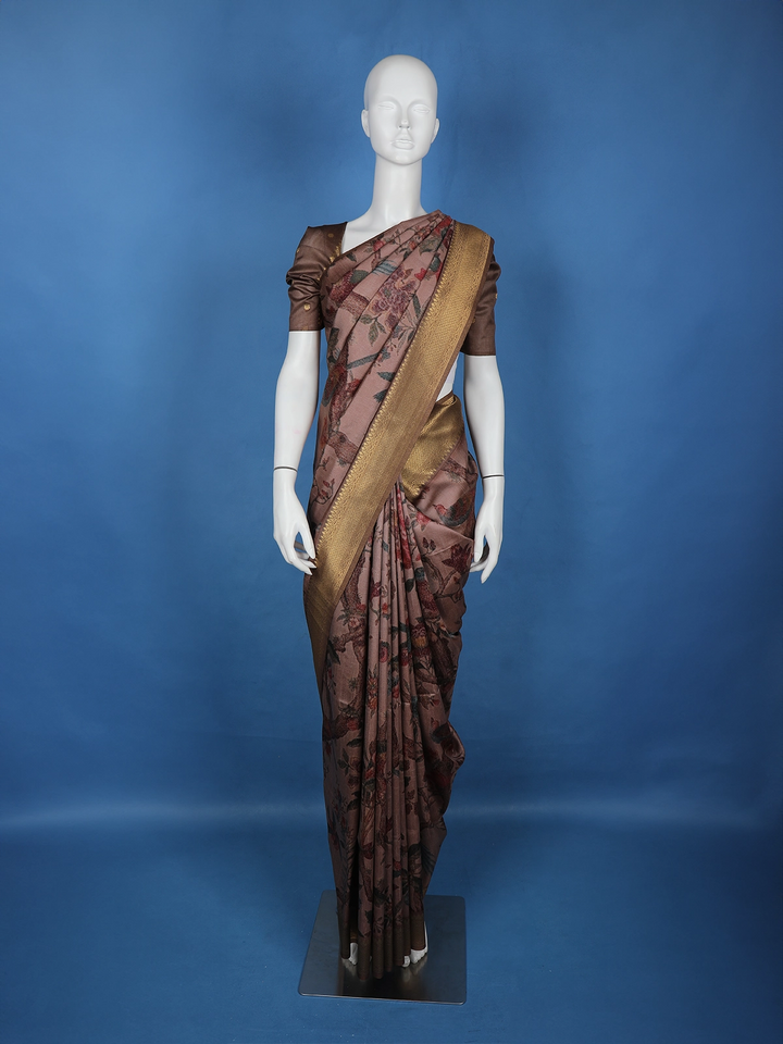 Dark Pink Floral Designed Semi Tussar Saree - Diadem