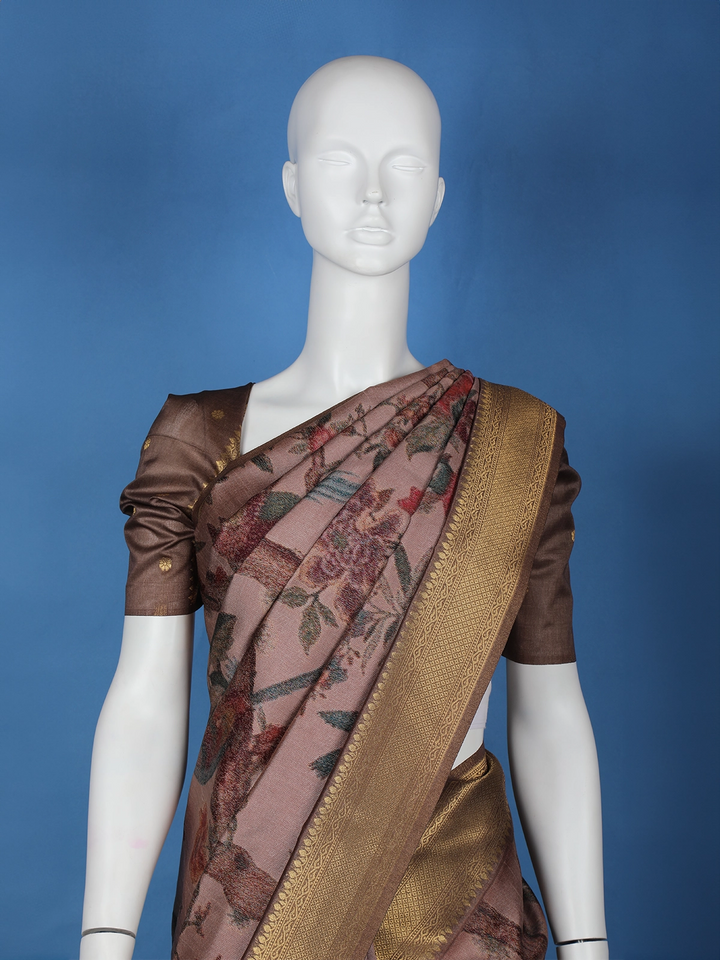 Dark Pink Floral Designed Semi Tussar Saree - Diadem