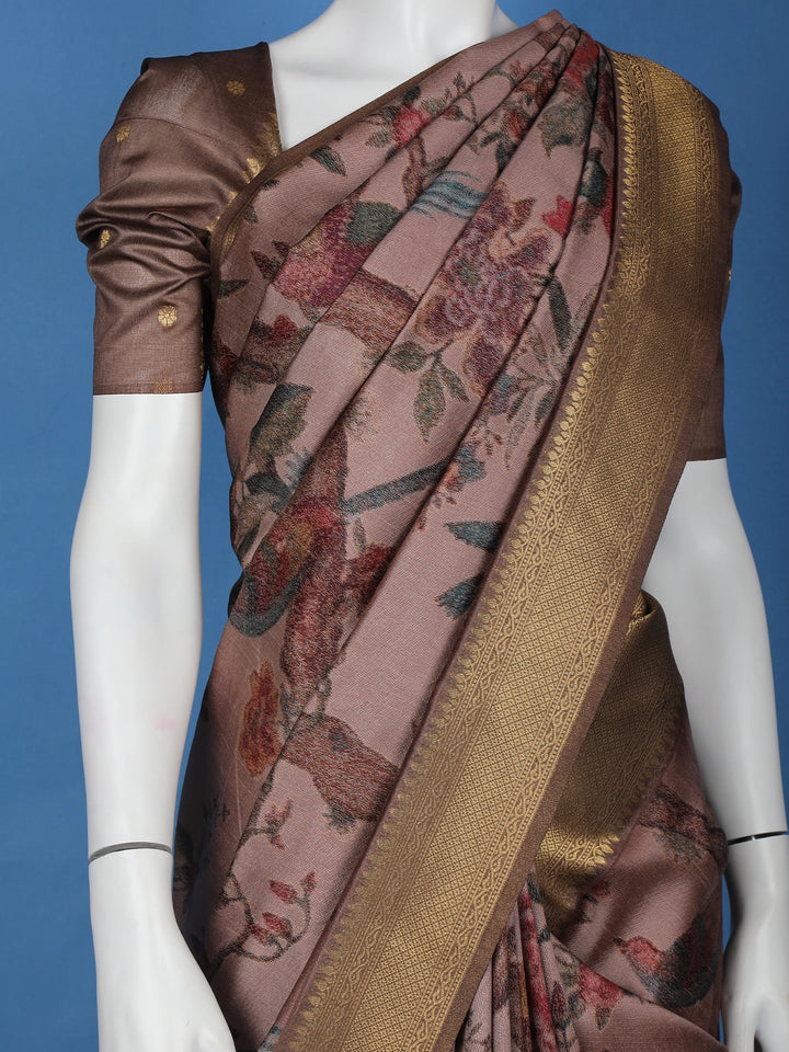 Dark Pink Floral Designed Semi Tussar Saree - Diadem