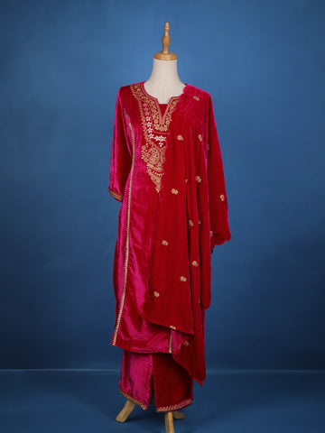 Dark Pink Floral Designed Velvet Salwar Suit - Diadem