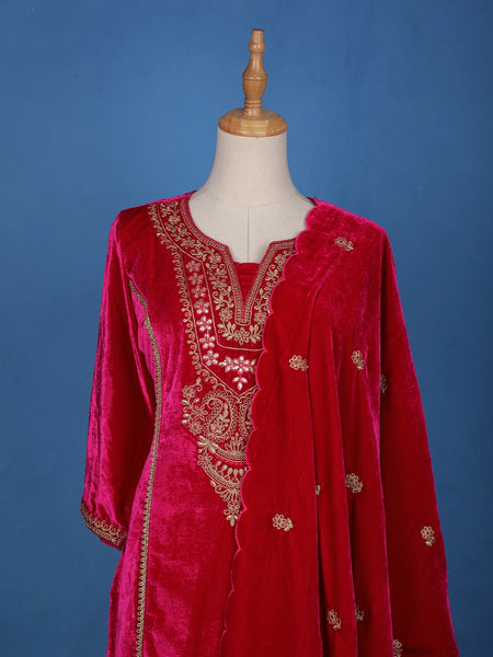Dark Pink Floral Designed Velvet Salwar Suit - Diadem