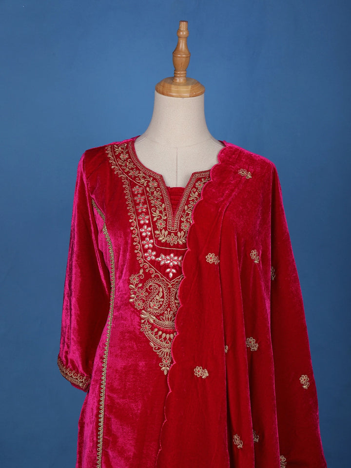 Dark Pink Floral Designed Velvet Salwar Suit - Diadem