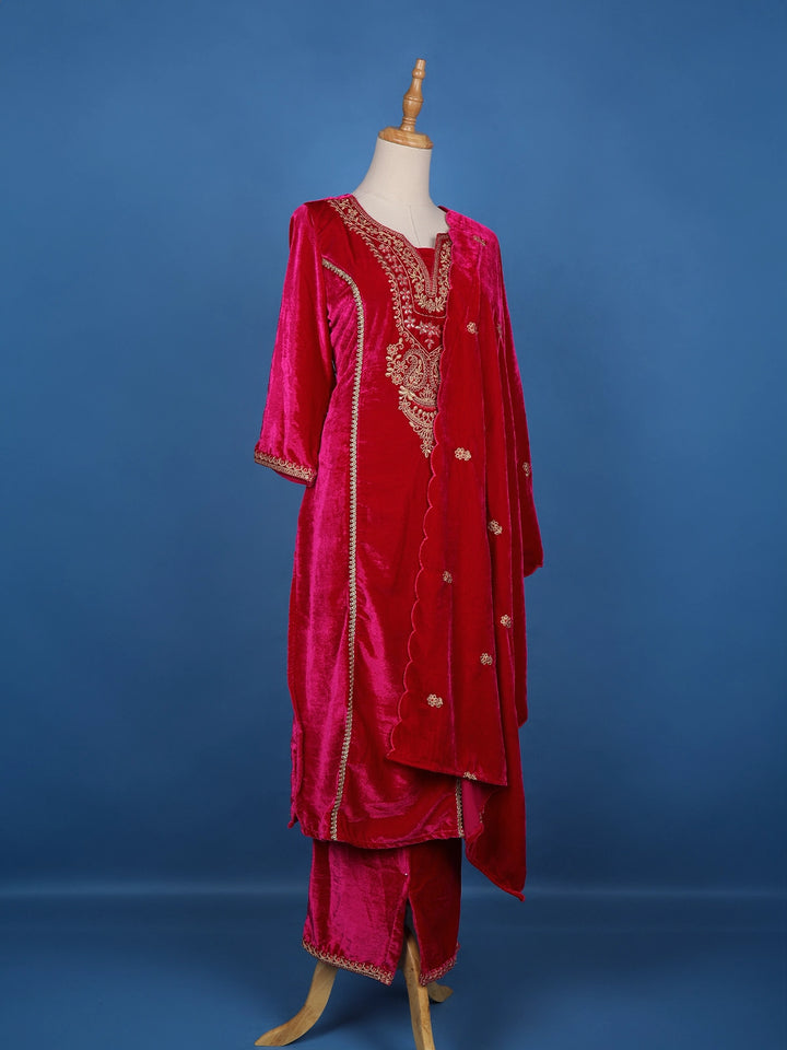 Dark Pink Floral Designed Velvet Salwar Suit - Diadem