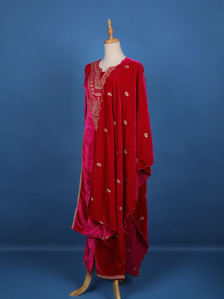 Dark Pink Floral Designed Velvet Salwar Suit - Diadem