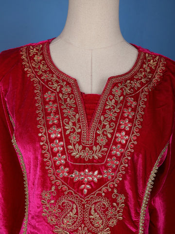 Dark Pink Floral Designed Velvet Salwar Suit - Diadem