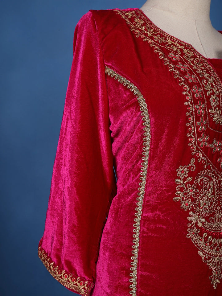Dark Pink Floral Designed Velvet Salwar Suit - Diadem