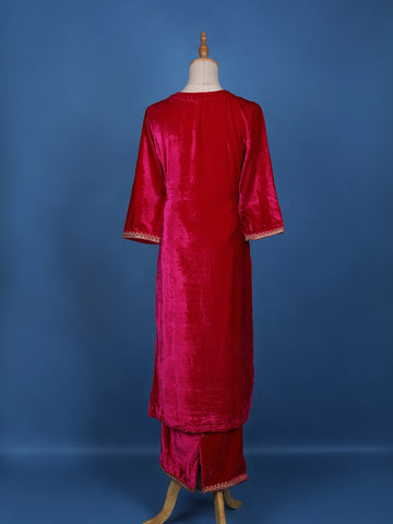 Dark Pink Floral Designed Velvet Salwar Suit - Diadem