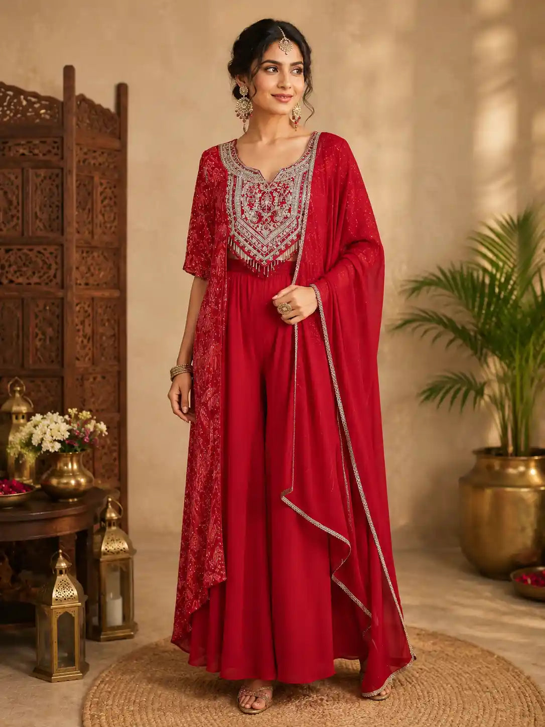 Dark Pink Floral Embroidered Design Georgette Palazzo Suit