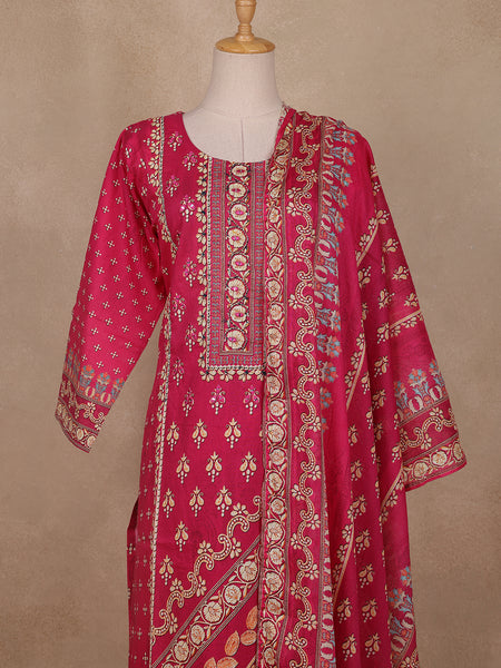 Dark Pink Floral Printed Cotton Salwar Suit - Diadem
