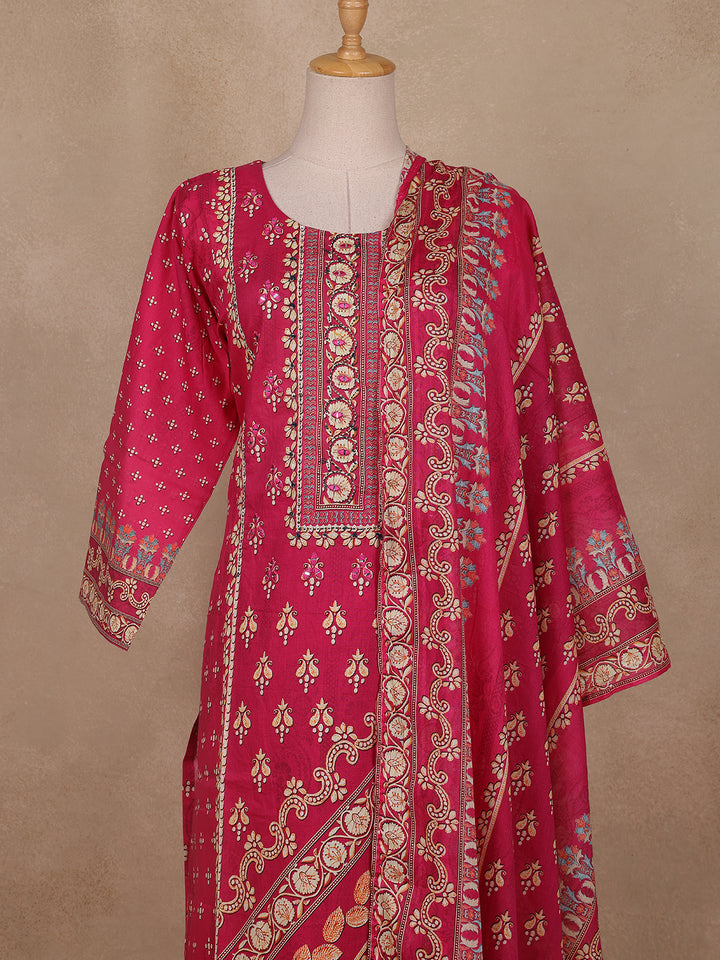 Dark Pink Floral Printed Cotton Salwar Suit - Diadem