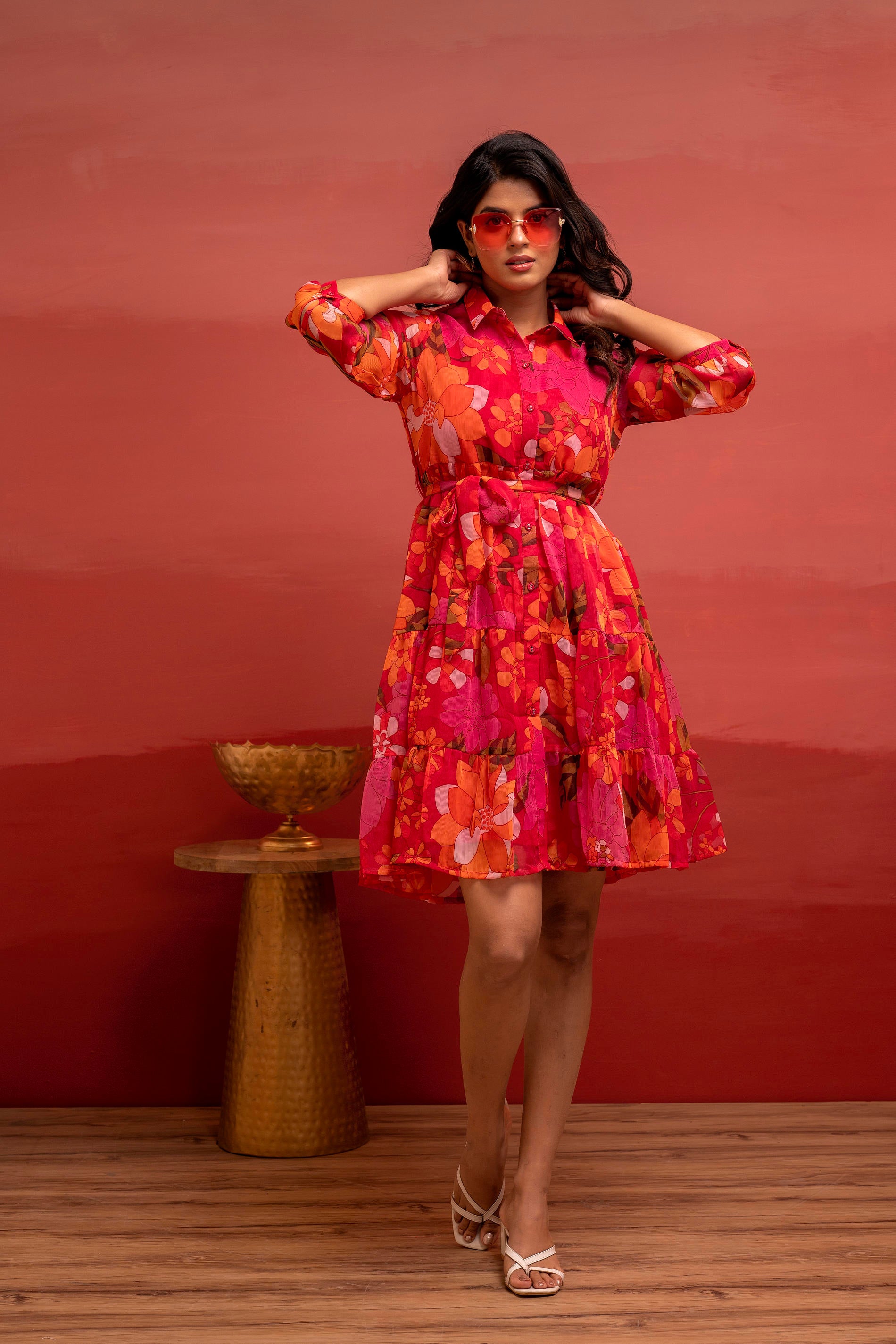 Dark Pink Floral Printed Georgette Short Dress with Waist Tie-Up