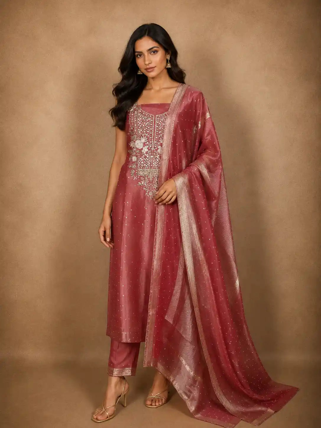 Dark Pink Floral Sequins and Zardozi Embroidered Design Tissue Unstitched Salwar Material with Dupatta