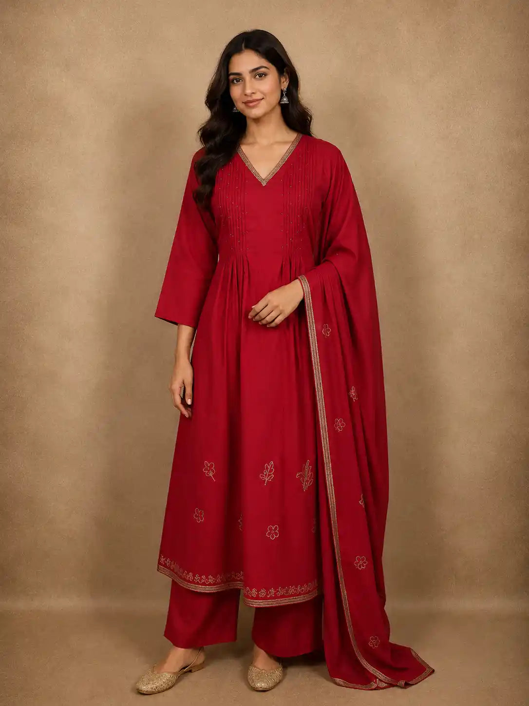 Dark Pink Floral Thread Embroidered Design Cotton Salwar Suit