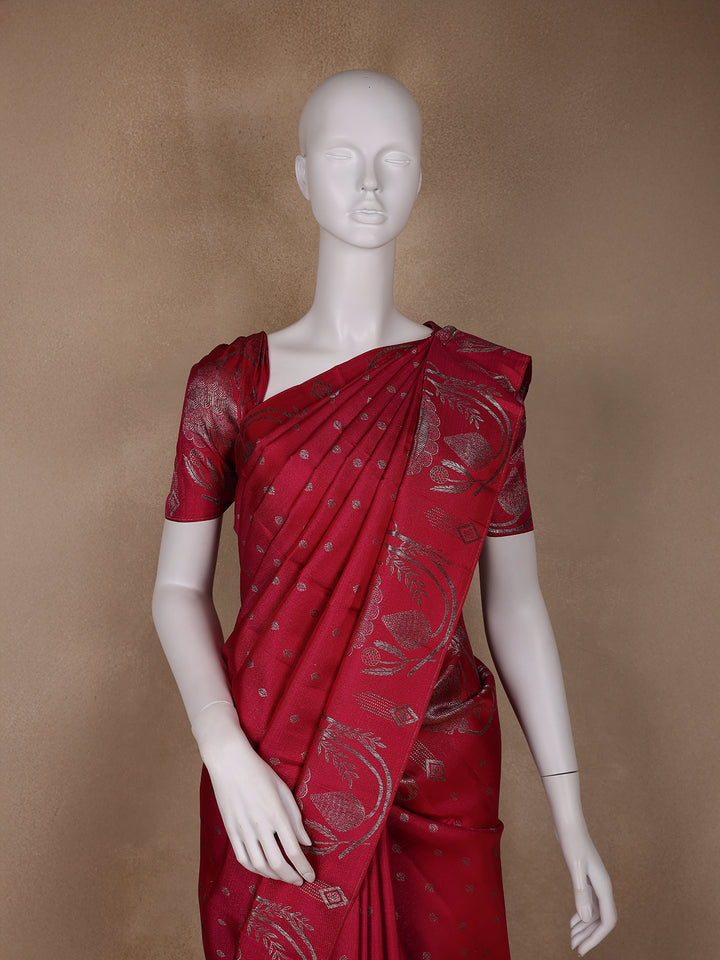 Dark Pink Floral Woven Pure Kanchipuram Silk Saree - Diadem