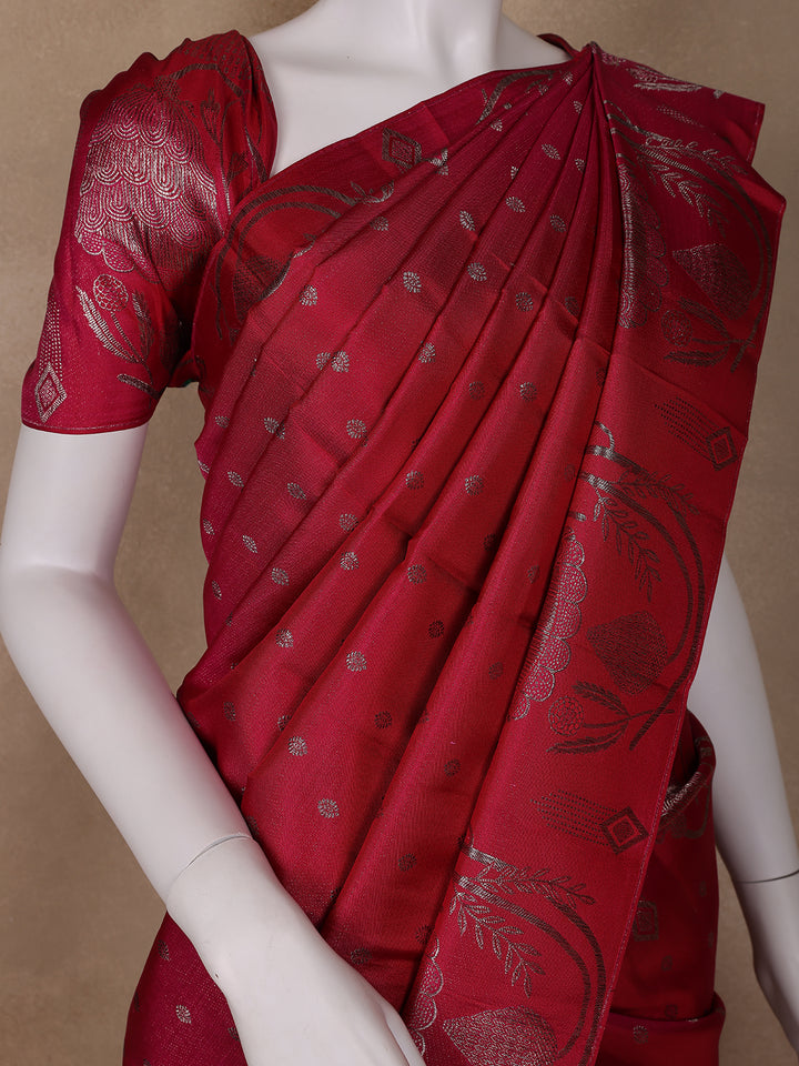 Dark Pink Floral Woven Pure Kanchipuram Silk Saree - Diadem