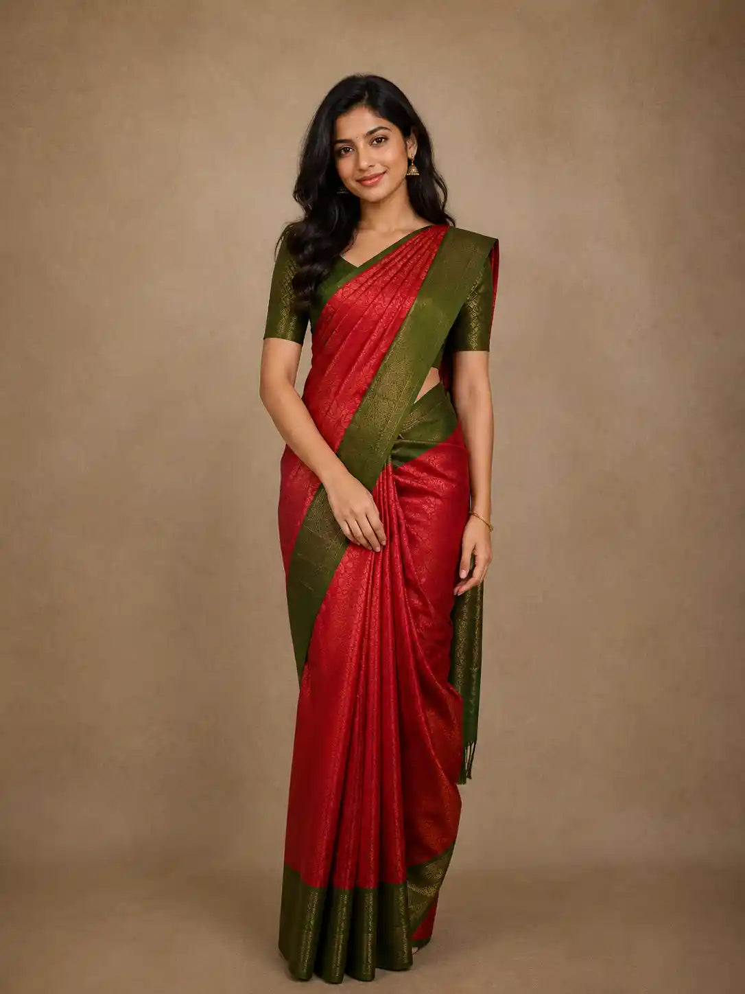 Dark Pink Floral Woven Pure Kanchipuram Silk Saree With Contrast Green Border