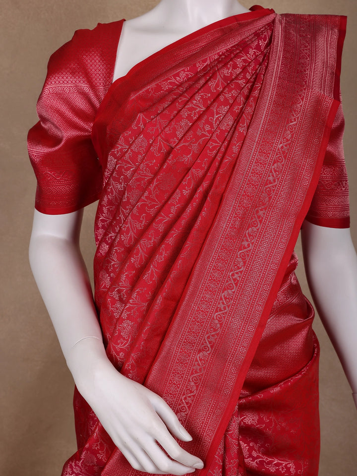 Dark Pink Floral Woven Pure Kanchipuram Silk Saree - Diadem