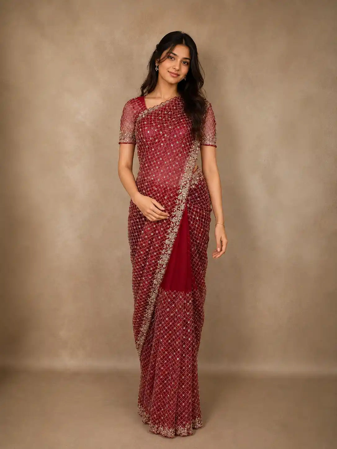 Dark Pink Heavy Sequins and Beads Embroidered Design Net Designer Saree