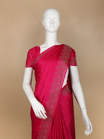 Dark Pink Solid Satin Fancy Saree with Designed Border - Diadem