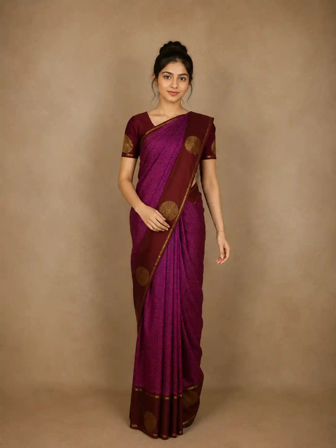 Dark Pink and Violet Checks Woven Pure Kanchipuram Silk Saree