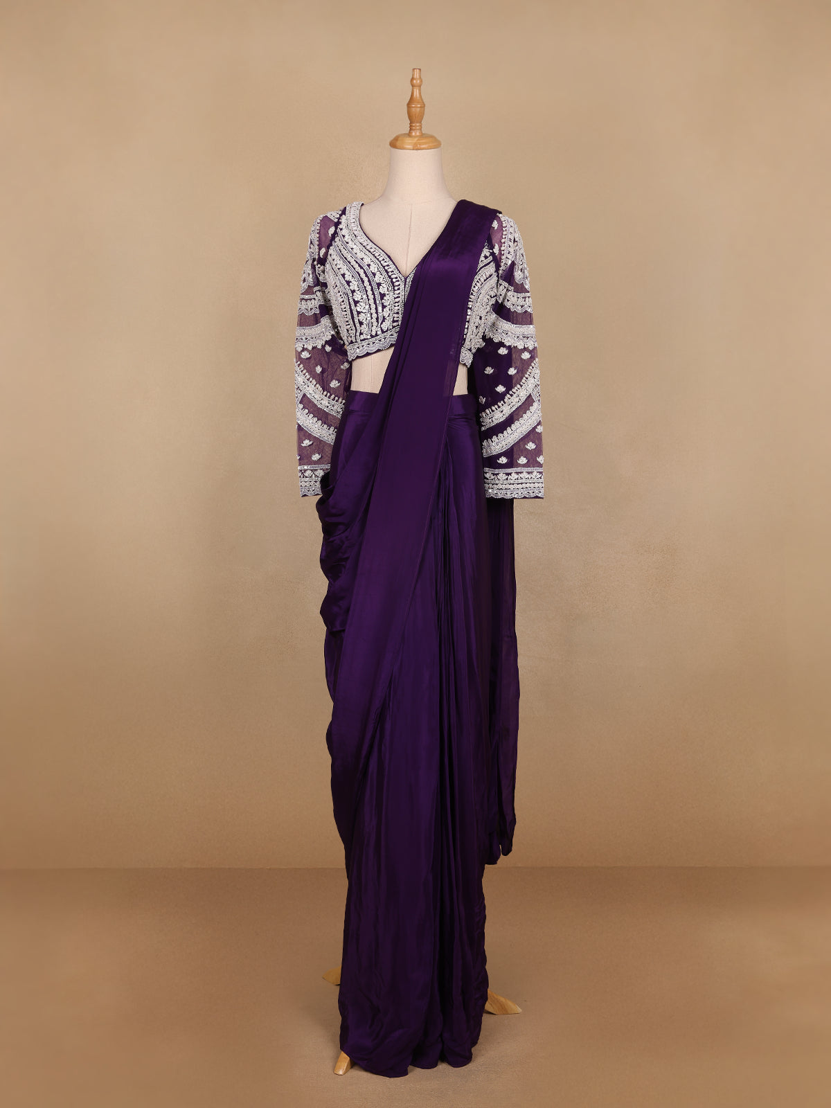 Dark Purple Embroidery Semi Silk Ready To Wear Saree with Designer Blouse - Diadem